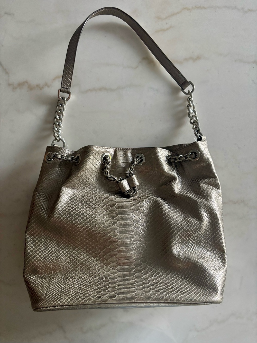 Michael Kors Metallic Silver Python Embossed Bucket Bag